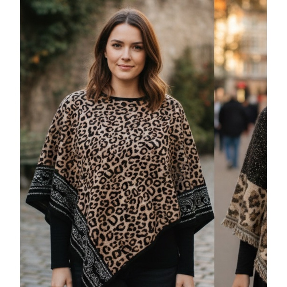 Chico's Leopard Print Poncho with Black Trim
